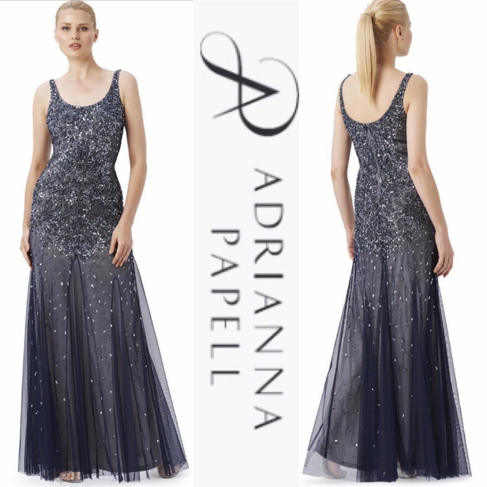 Adrianna Papell sleeveless beaded mesh tank gown